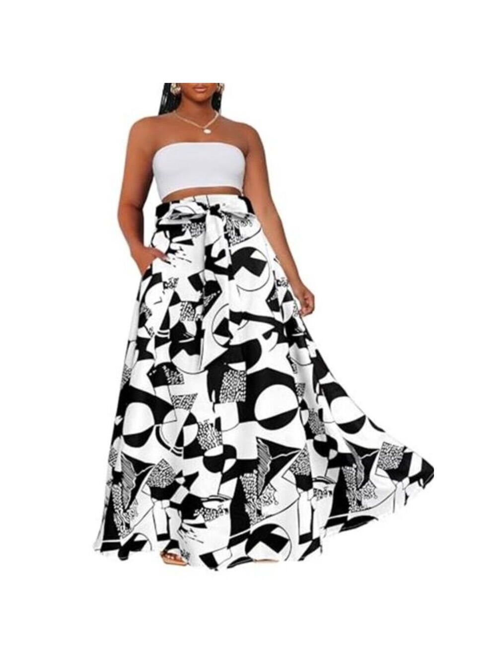 Women’s High Waist Abstract Print Maxi Skirt with Pockets Tie Elastic Waist